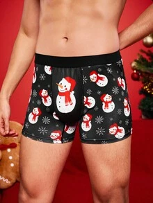 Notgurli Christmas Funny Print Cartoon Quirky Santa Claus, Gift Box, Candy Cane, Bell, Snowflake, Snowman, Family Party Men's Mid-Length Boxer Briefs - Black - View 4