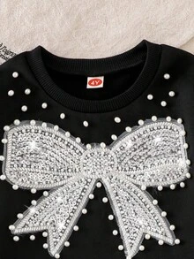 Elladie kids 两件套女童纯色串珠亮片蝴蝶结卫衣和喇叭裤套装，可爱甜美，适合秋季户外、休闲和假日穿着 - 黑色 - 查看 7