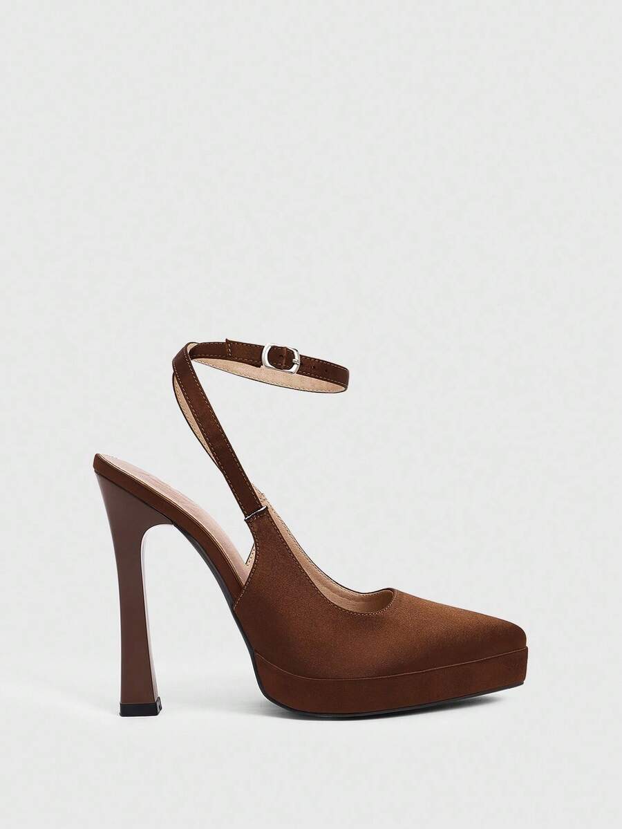 Cuccoo CUCCOO LuxiPop Zapatos de tacón alto con plataforma y punta afilada, impermeables, de tela marrón, zapatos de fiesta/boda minimalistas y cómodos con correa