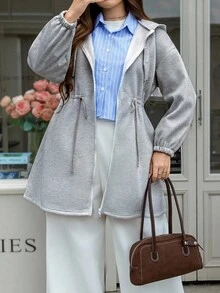 SHEIN LUNE Plus Size Solid Color Drawstring Waist Hooded Jacket, Autumn/Winter Office Outfits For Women Coat Women's Zipper Sweatshirt Jacket, Thermal Lined Warm Jacket - Grey - View 7