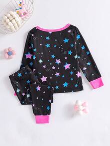 Mädchen Eng anliegendes Einhorn & Stern Leuchtdruck Langarm T-Shirt und Leggings Pyjama Set - Schwarz - Übersicht 2