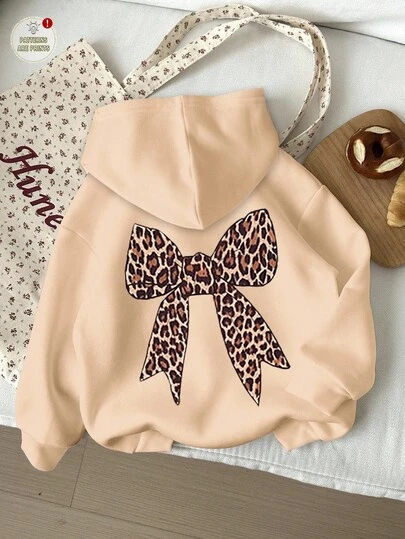 Casual Vintage Leopard Print Bow Design Loose Fit Crew Neck Comfortable Knit Long Sleeve Sweatshirt For Young Girls, Khaki, Suitable For Autumn/Winter Cute Sweatshirts For Girls Bow Sweatshirt Bow Sweatshirt Bow Clothes For Girls Cheetah Print Sweatshirt