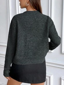 SHEIN Suéter de cuello redondo de manga larga de punto de unicolor y estilo casual - Gris Oscuro - Ver 2