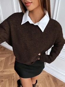 Pariaura Slouchy Solid Color Crew Neck Knit Long Sleeve Sweater - Coffee Brown - View 5
