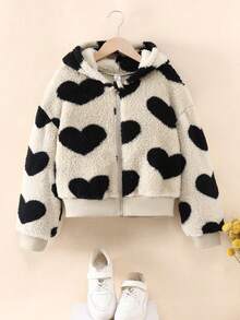 SHEIN 青少年女孩服装，豹纹毛绒连帽夹克，厚实舒适，开学典礼，日常穿着，学校，旅行，运动，冬季，圣诞节
