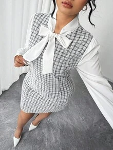 Elenzga Plus Size Color Block Patchwork Bow Decor Reversible Elegant Romantic Dress For Women, Autumn - Multicolor - View 7