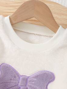 SHEIN 2pcs Baby Girls' Cute Pink Bow Embroidered Fluffy White Long Sleeve Top And Pink Plaid Pants Thickened Autumn/Winter Pajama Set - Purple - View 7