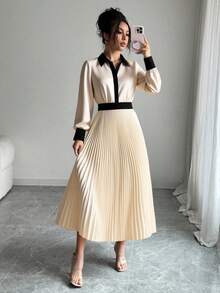 Franclia Women's Fashionable Elegant Color Block Waist Cinched Long Dress