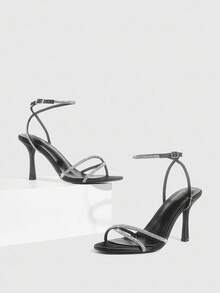 CUCCOO SZL 黑色缎面缎面银色水钻细带踝带时尚性感圆头法式优雅浪漫派对约会高跟凉鞋 - 黑色 - 查看 2