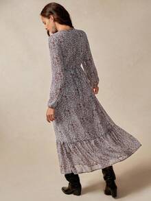 Juhart Abito lungo con maniche lunghe, vita stretta, orlo con volant, motivo floreale e paisley, per donne taglie forti, elegante e casual - Castano - Visualizzare 2