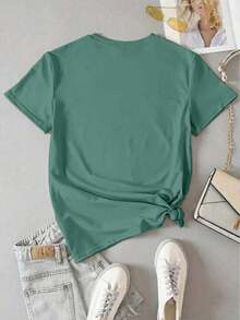 INAWLY Áo thun nữ cổ tròn tay ngắn in hình quả bí ngô và cà phê - Màu xanh Cadet - Xem 2