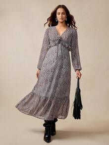 Juhart Abito lungo con maniche lunghe, vita stretta, orlo con volant, motivo floreale e paisley, per donne taglie forti, elegante e casual - Castano - Visualizzare 4