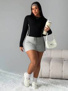 Rhythm Era Plus Size Women Seamless Side Mesh Patchwork Long Sleeve Sportswear - Black - View 6