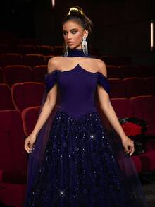 Glamrae Đầm maxi dài tay bèo nhún xếp ly màu xanh navy sang trọng, thêu hạt cườm thủ công, cổ áo bất đối xứng, tay Dolman, viền bèo nhún xếp ly, váy dạ hội trang trọng dành cho nữ - Màu xanh hải quân - Xem 6