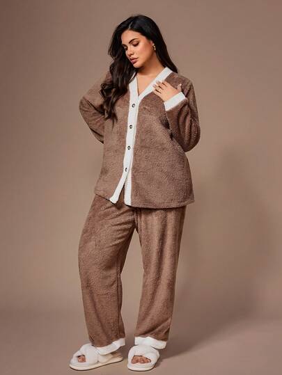 Lazeform Conjunto de pijama de franela de manga larga y pantalones para mujer talla grande, conjunto de pijama marrón, conjunto de pijama cómodo, conjunto de ropa de estar por casa, conjunto acogedor, ropa de otoño/invierno para mujer