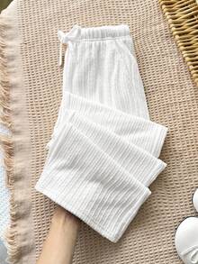 SHEIN 青少年女孩宽松休闲简约舒适中腰阔腿裤，百搭 - 米色 - 查看 6