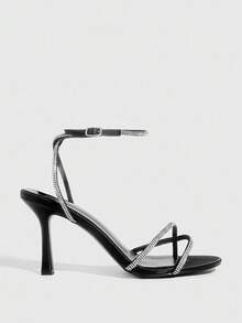 CUCCOO SZL 黑色缎面缎面银色水钻细带踝带时尚性感圆头法式优雅浪漫派对约会高跟凉鞋 - 黑色 - 查看 3