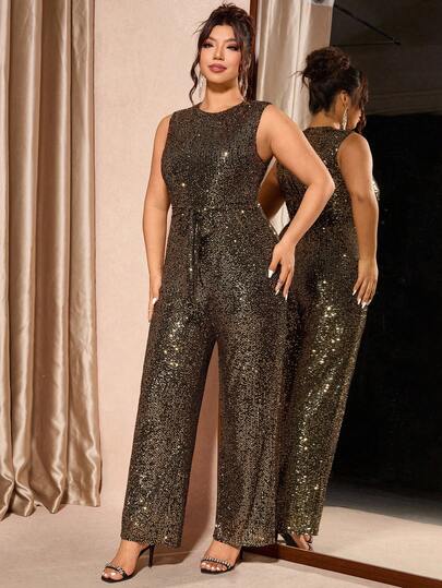 Cravure 大码优雅亮片装饰无袖连体裤，夏季