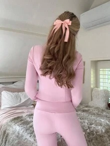 CovetEZ 女士休闲粉色运动背心上衣、裤子和夹克三件套 - 粉色 - 查看 4