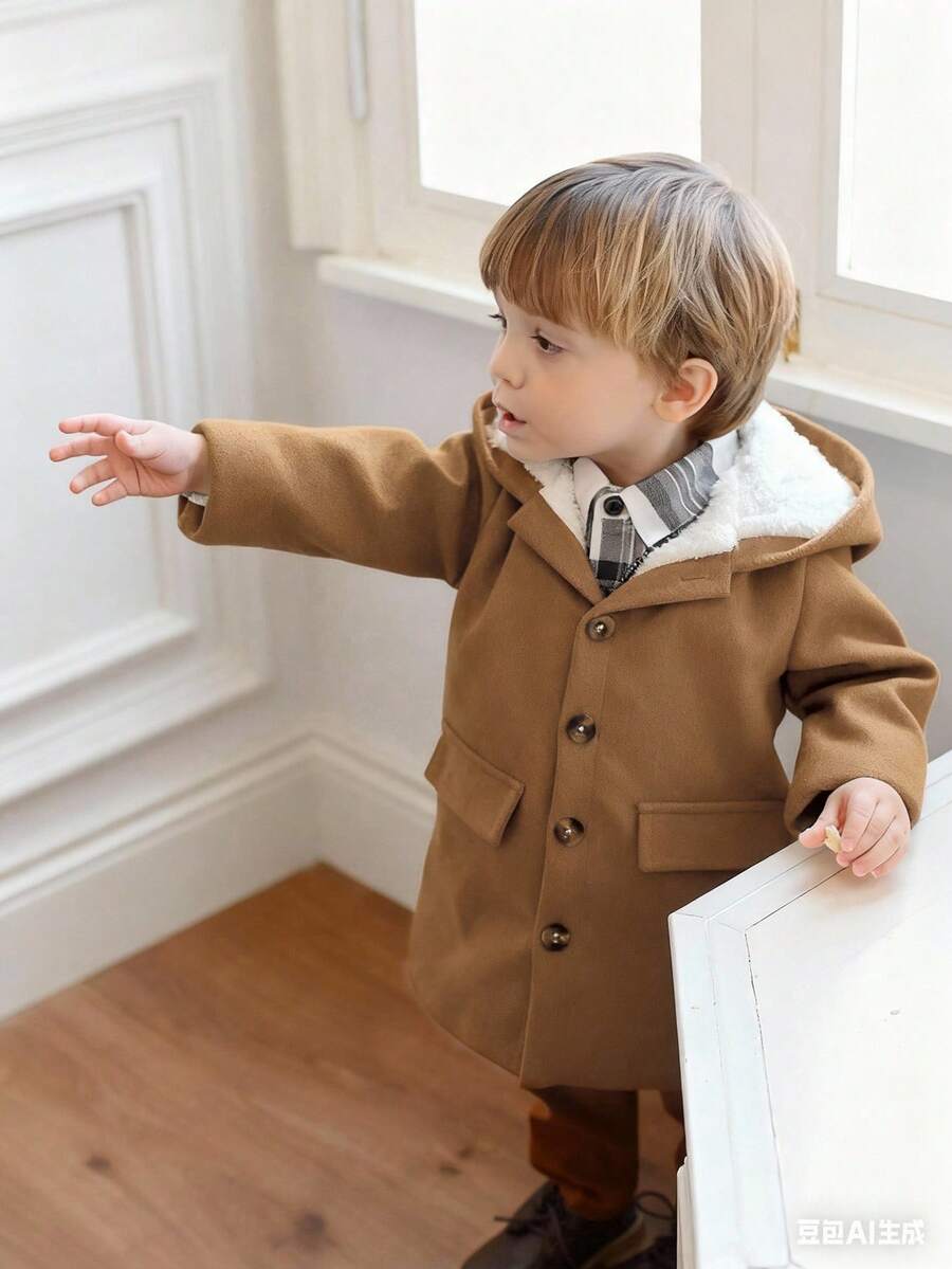 Souflis Souflis Baby Boy Minimalist Wool Blend Hooded Trench Coat With Thermal Lining, Autumn/Winter Baby Boy Coats Brown Baby Boy Outfit Coat Brown Vintage Baby Boy Clothes Baby Boy Korean Style Jackets