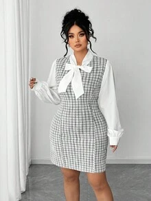 Elenzga Plus Size Color Block Patchwork Bow Decor Reversible Elegant Romantic Dress For Women, Autumn - Multicolor - View 3