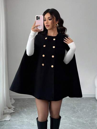 Rafferiza Women's Elegant Commuter Style Hooded Cloak Woolen Coat, Black Woolen Coat, Women's Autumn And Winter Woolen Coat, Women's Elegant Woolen Coat