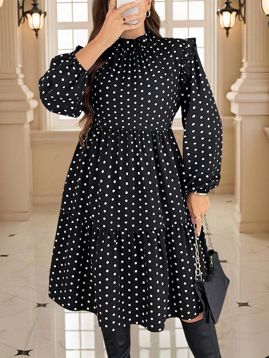 SHEIN LUNE Váy tay đèn lồng họa tiết chấm bi thường ngày và đi làm cỡ lớn