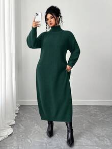 SHEIN Tall CURVE Plus Size Casual Turtleneck Raglan Sleeve Sweater Dress - Dark Green - View 5