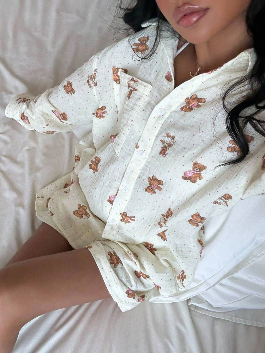 CovetEZ Bộ đồ thu đông 2 món dành cho nữ, áo sơ mi dài tay in hình gấu, áo phông và quần short, bộ đồ 2 món thoải mái và dễ thương cho nữ, phong cách Giáng sinh Halloween ngọt ngào. - trắng - Xem 1