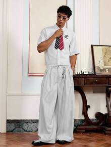 SWAVVY Men's Casual Commuter Striped Wide-Leg Pants - White - View 4
