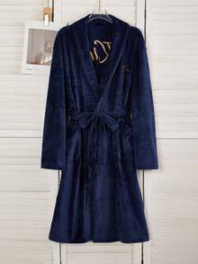 Men's Plush Flannel Bathrobe, Autumn/Winter, Luxury Navy Blue Robe With Embroidered English Text On Front And Back, Shawl Collar, Drop Shoulder, Long Sleeve Robe For Fall Winter, Fluffy, Cozy