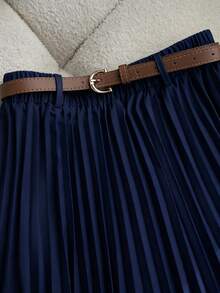 Franclia Áo sơ mi dài tay trơn màu đa năng, dễ mặc khi đi làm, kết hợp với chân váy chữ A, chân váy xếp ly, chân váy dài, kèm thắt lưng, Xuân/Thu, Bộ vest nữ màu kaki, Bộ đồ 2 món cho nữ, Váy nữ, Trang phục thu/xuân, Trang phục thường ngày cho nữ, Đồng phục giáo viên nữ - Màu xanh hải quân - Xem 3