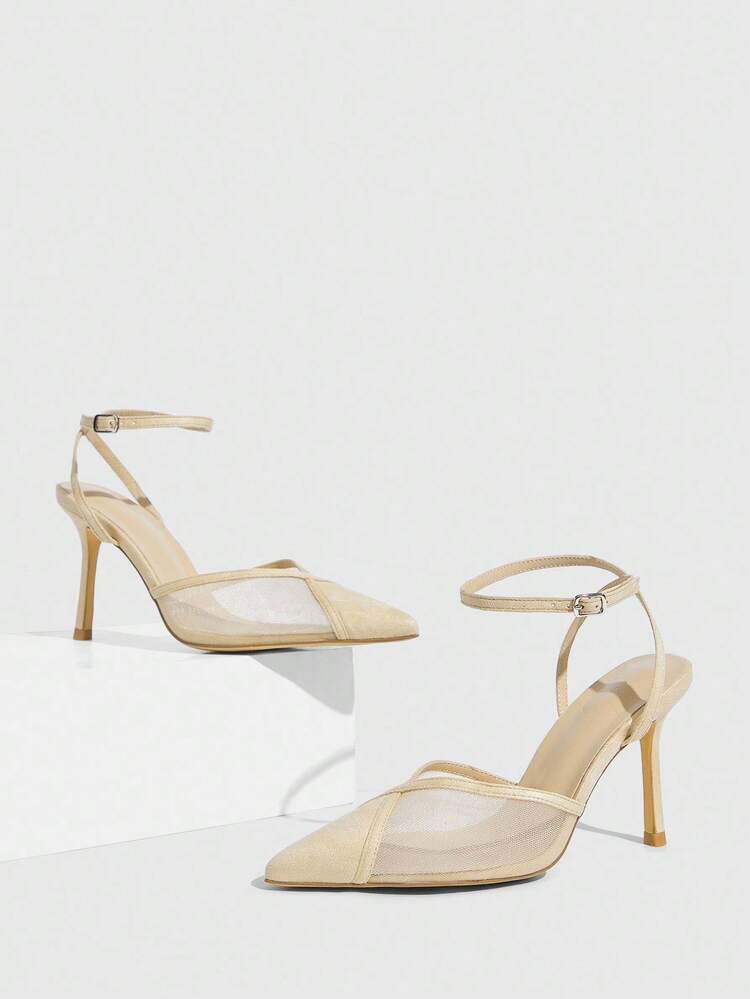 CUCCOO SZL Apricot Velvet & Mesh Patchwork Fashionable Sexy Business Pointed Toe Strap Hollow High Heels