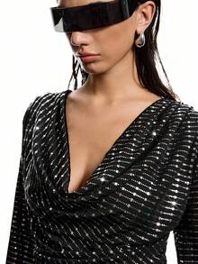 LYSMO 2025 Women's Cowl Neck Sequin Blouse,Black And Silver,Autumn,Seksi Chic,Night Club Elegant Sparkly Long Sleeve Fitted Top For Christmas New Year - Black - View 5