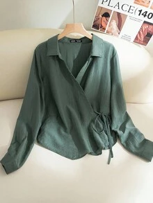 Modelyn Camisa casual de manga larga con cruce y nudo delantero en unicolor, talla grande