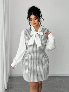Elenzga Plus Size Color Block Patchwork Bow Decor Reversible Elegant Romantic Dress For Women, Autumn - Multicolor - View 4