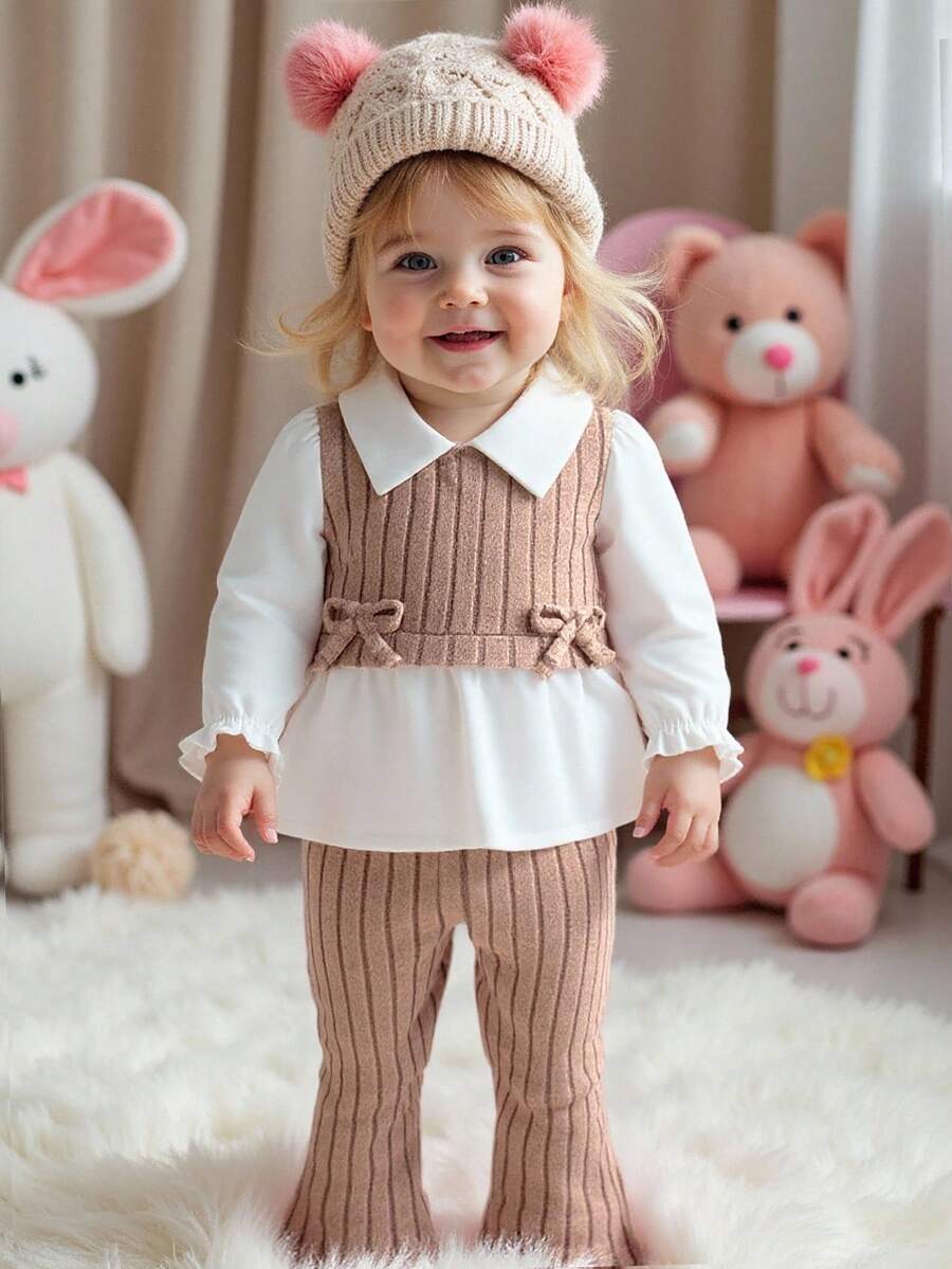 SHEIN 2pcs/Set Baby Girls Autumn New Outfit, White Patchwork Ribbed Fabric Long Sleeve 2 In 1 Shirt With Bow, Casual Ribbed Flare Pants, Versatile Everyday Wear