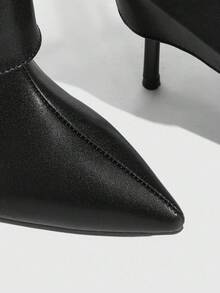 CUCCOO SZL Giày bốt cao đến đầu gối thời trang màu nâu, mũi nhọn, gót nhọn, nút bạc, khóa kéo bên hông dành cho nữ - màu đen - Xem 6