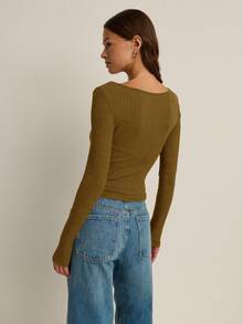 Nöista Women's Plum Rib Ruffle Keyhole Top,Olive Green,Autumn,Casual,Everyday Long Sleeve Shirt For Fall ,Back-To-School Teacher Wear & Date Night - Mustard Yellow - View 2