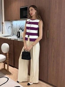 Chiquease Young Fashionable Minimalist French Style Daily Commute Vacation Black & White Striped Round Neck Asymmetrical Metal Button Asymmetric Hem Split Front Knit Fitted Top, Versatile Rib Knit, Spring/Summer/Autumn - Purple - View 3
