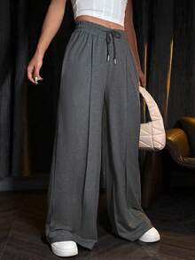 SHEIN Unity Drawstring Waist Wide Leg Sweatpants Graduation,Back To School Outfits,Graduation,Teacher Outfits For Women,Back To School Fall Cloth For Women - Dark Grey - View 4