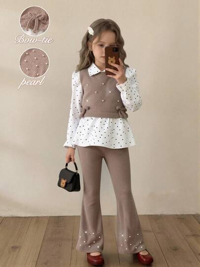 SHEIN Girls' Casual Shirt Set, Khaki Bow Design, Beaded Knit Ribbed Fabric, Patchwork Woven Fabric, White Base Black Polka Dot Long Sleeve Ruffle Hem Faux 2-Piece Shirt Top Paired With Khaki Pearl Micro-Flare Pants, 2pcs Set, Suitable For Back To School, Casual, Fashion, Sweet, Comfortable Outdoor Travel Outfit Fall Winter