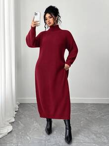 SHEIN Tall CURVE Plus Size Casual Turtleneck Raglan Sleeve Sweater Dress - Red - View 4