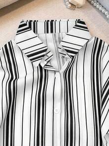 Franclia 女士休闲通勤条纹纽扣衬衫，秋季 - 黑與白 - 查看 7