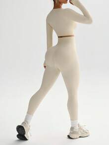 SHEIN Dewbera Conjunto de 2 piezas sin costuras de alta elasticidad con agujeros para el pulgar - Top deportivo y leggings - Conjunto de entrenamiento para mujer - Conjunto de gimnasio para mujer