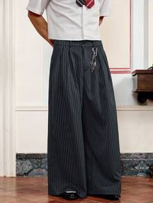 SWAVVY 男士休闲通勤条纹阔腿裤 - 深灰色 - 查看 4