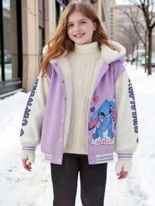 SHEIN 秋冬款少女休闲保暖连帽夹克，带卡通和字母图案 - 紫色 - 查看 8