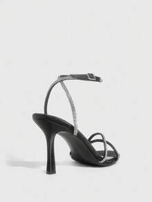 CUCCOO SZL 黑色缎面缎面银色水钻细带踝带时尚性感圆头法式优雅浪漫派对约会高跟凉鞋 - 黑色 - 查看 4