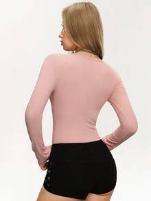 Rina Fox Body de encaje casual para mujer, otoño - Rosa - Ver 5