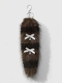 ROMWE Goth 1pc Y2K Retro Chic Cute Minimalist Sophisticated High-Quality Animal Print Series Brown Faux Fur Anime Fox Tail With Black Lace Bow, Star Decor DIY Keychain Bag Charm, Suitable For Cosplay, Daily Wear, Holiday Gift For Women